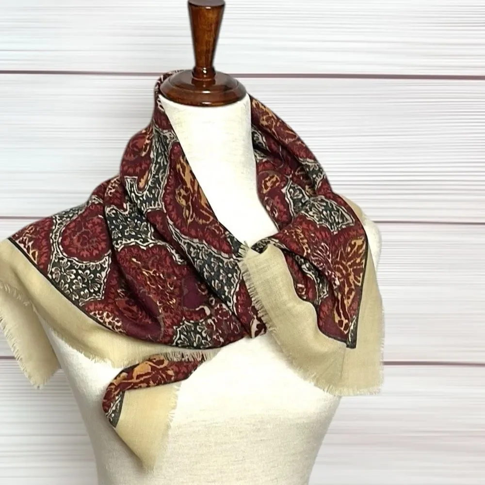 Wool Square Scarf Lightweight Tan Brown Plum Paisley Print Made in Italy 33x33”